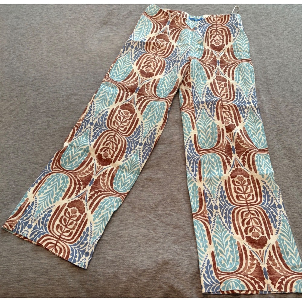 J.McLaughlin Womens Blue Brown Damask Print 100% Linen Wide Leg Pants Size 10